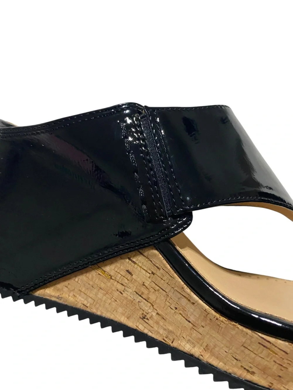AV Sandals Wedge Thong Excellent Cork Patent Black Size 7